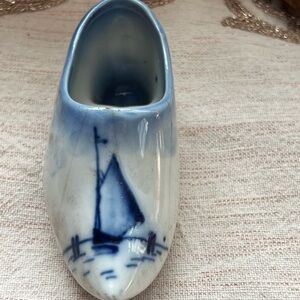 Dutch vintage Blue and White Ceramic Shoe with Sailboat Design